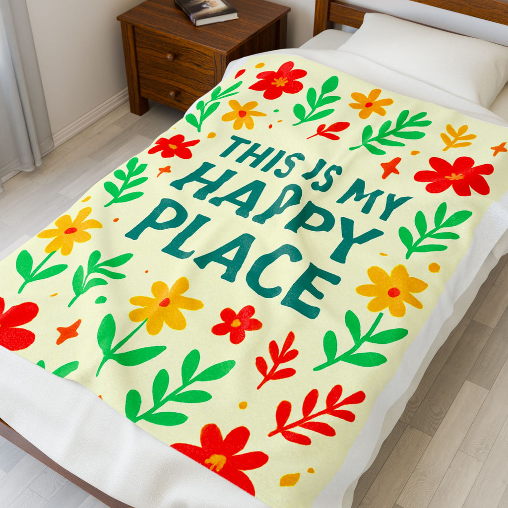 This Is My Happy Place Velveteen Plush Blanket | Floral, Cheerful Typography
