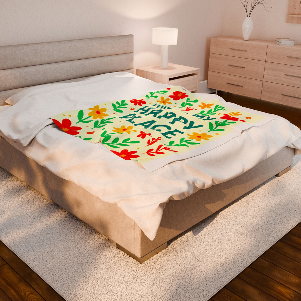 This Is My Happy Place Velveteen Plush Blanket | Floral, Cheerful Typography