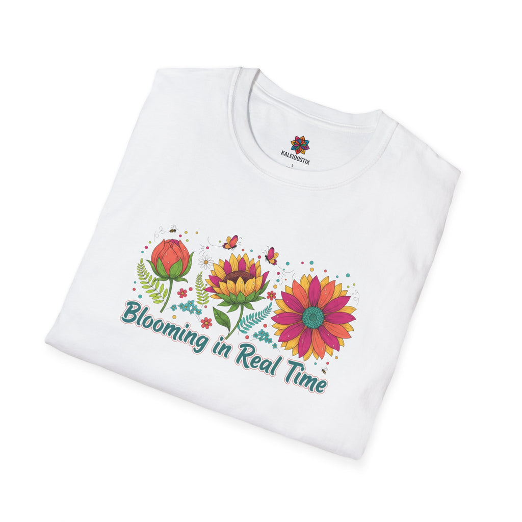 Blooming in Real Time floral graphic T-Shirt | colorful flower evolution design