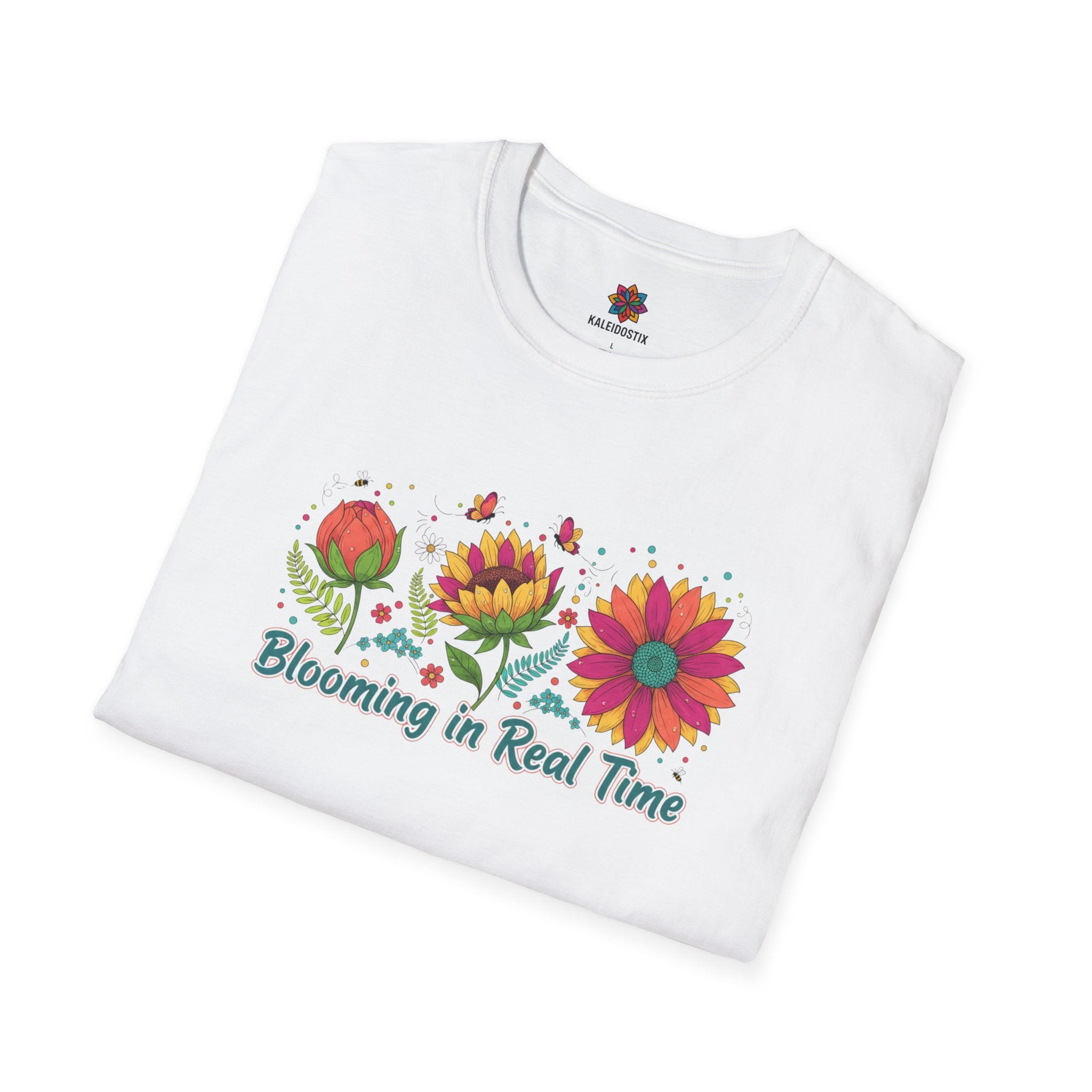 Blooming in Real Time floral graphic T-Shirt | colorful flower evolution design