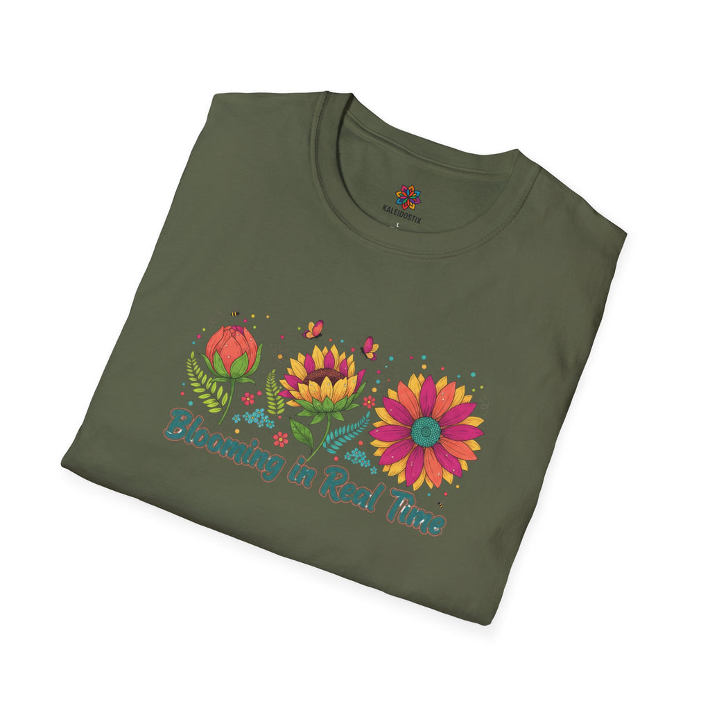 Blooming in Real Time floral graphic T-Shirt | colorful flower evolution design