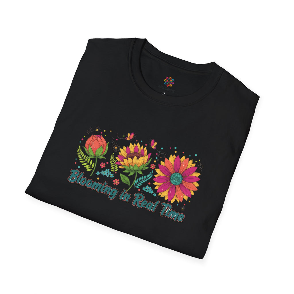 Blooming in Real Time floral graphic T-Shirt | colorful flower evolution design
