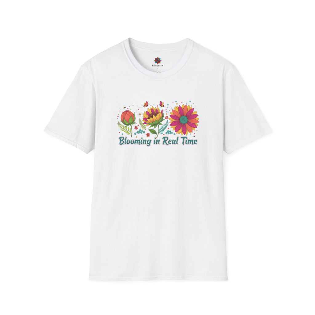 Blooming in Real Time floral graphic T-Shirt | colorful flower evolution design