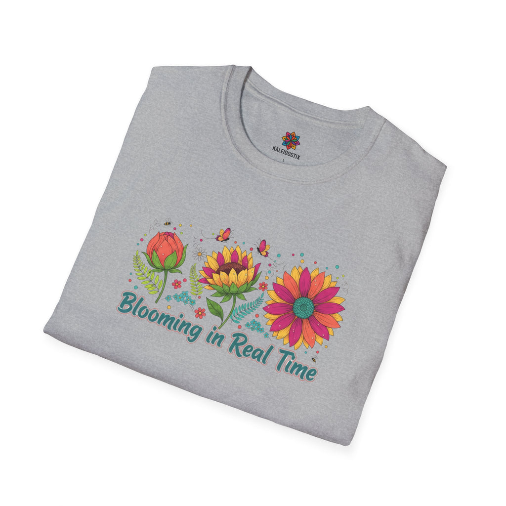 Blooming in Real Time floral graphic T-Shirt | colorful flower evolution design