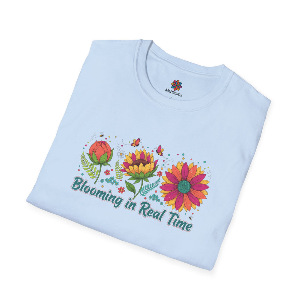 Blooming in Real Time floral graphic T-Shirt | colorful flower evolution design